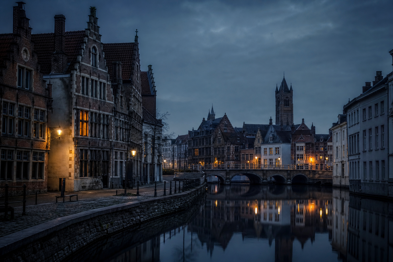 Quiet European canal street at dusk — international chapter