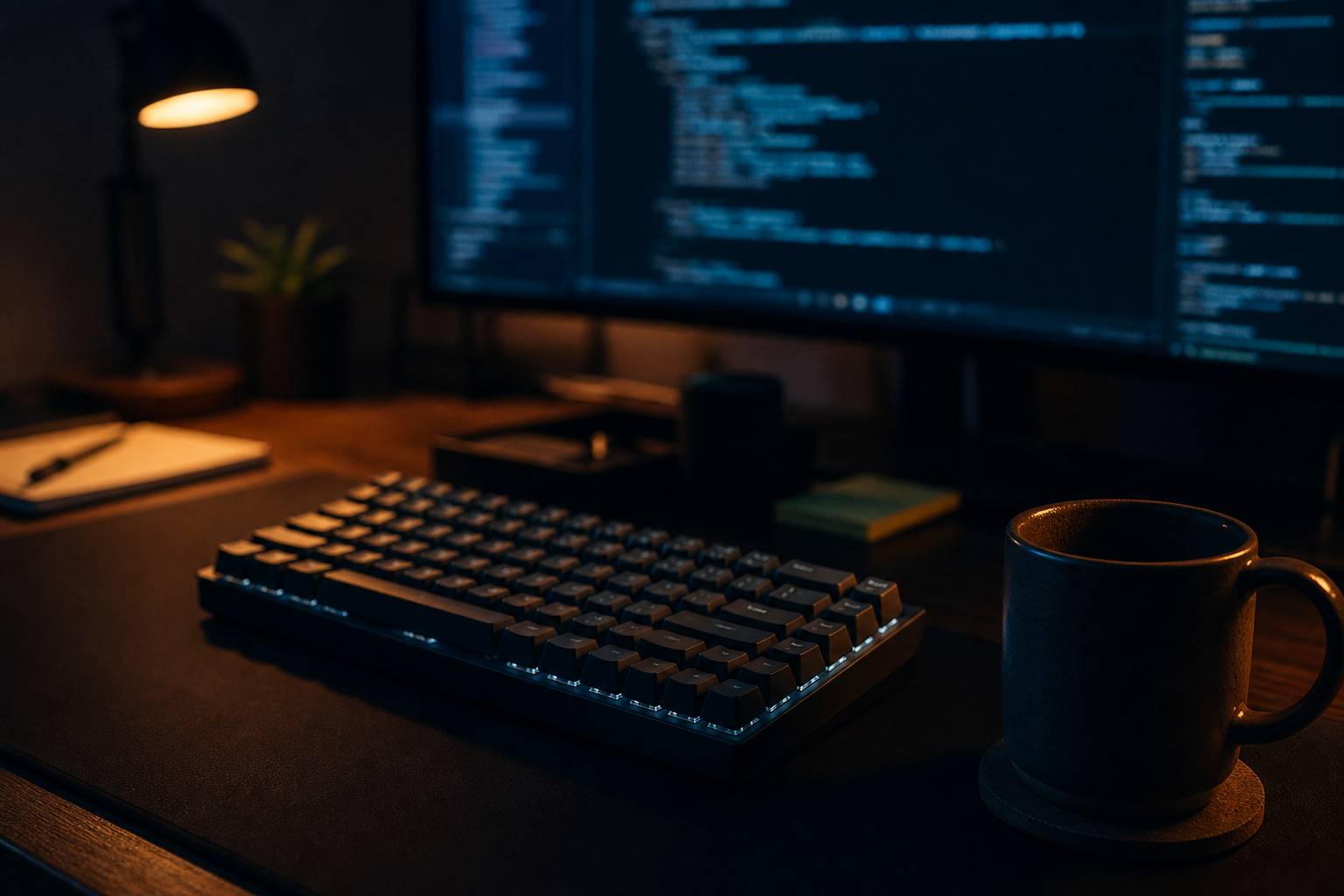 Night desk with keyboard and monitor glow — the builder years